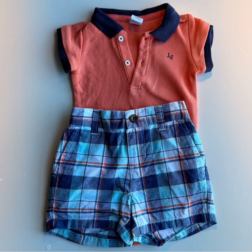 Janie ane Orange Polo Onesie and Plaid Shorts Set - 3-6 months